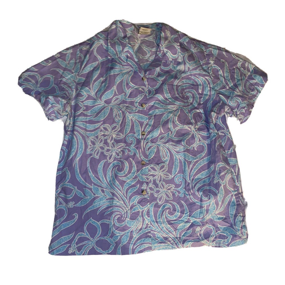 Go‎ Barefoot Size L Hawaiian Shirt Floral Short Sleeve Button Up USA Purple Blue
